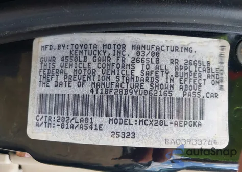 2000 Toyota Avalon Xl/Xls z USA, uszkodzony, nr VIN 4T1BF28B9YU062165